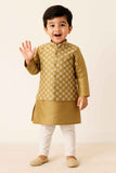 Fawn Silk Kurta Pyjama Set With Printed Nehru Jacket For Boys