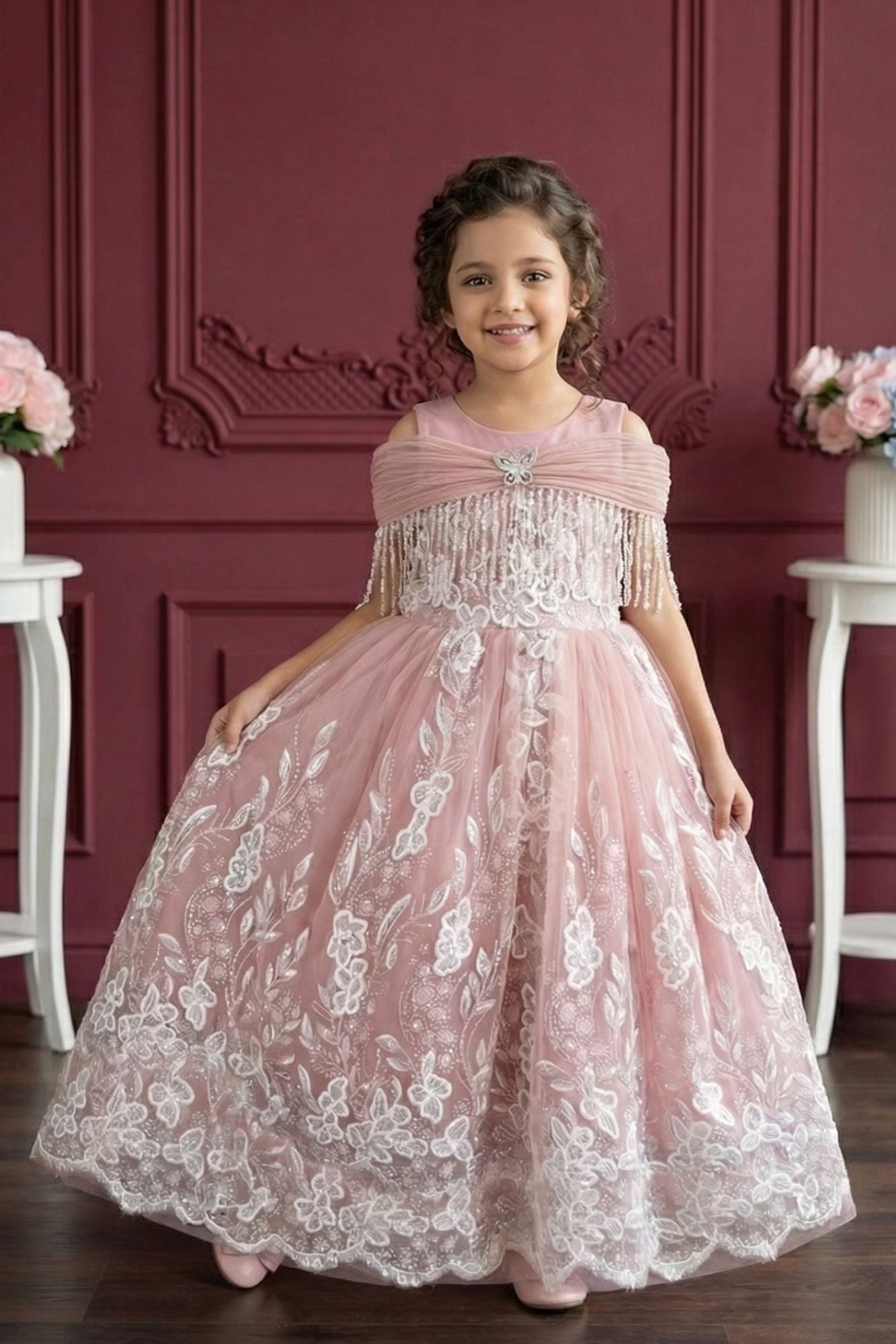 Peach Embroidered Off-Shoulder Princess Ball Gown For Girls