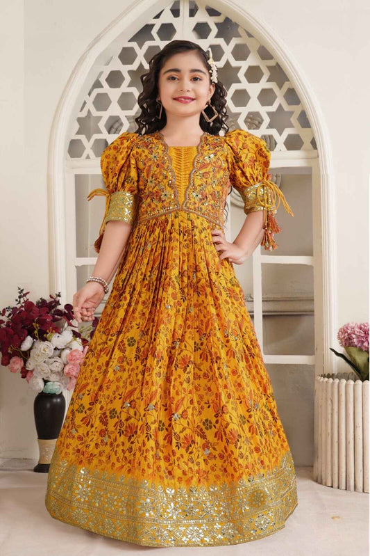 Mustard Printed And Sequin Gown For Girls