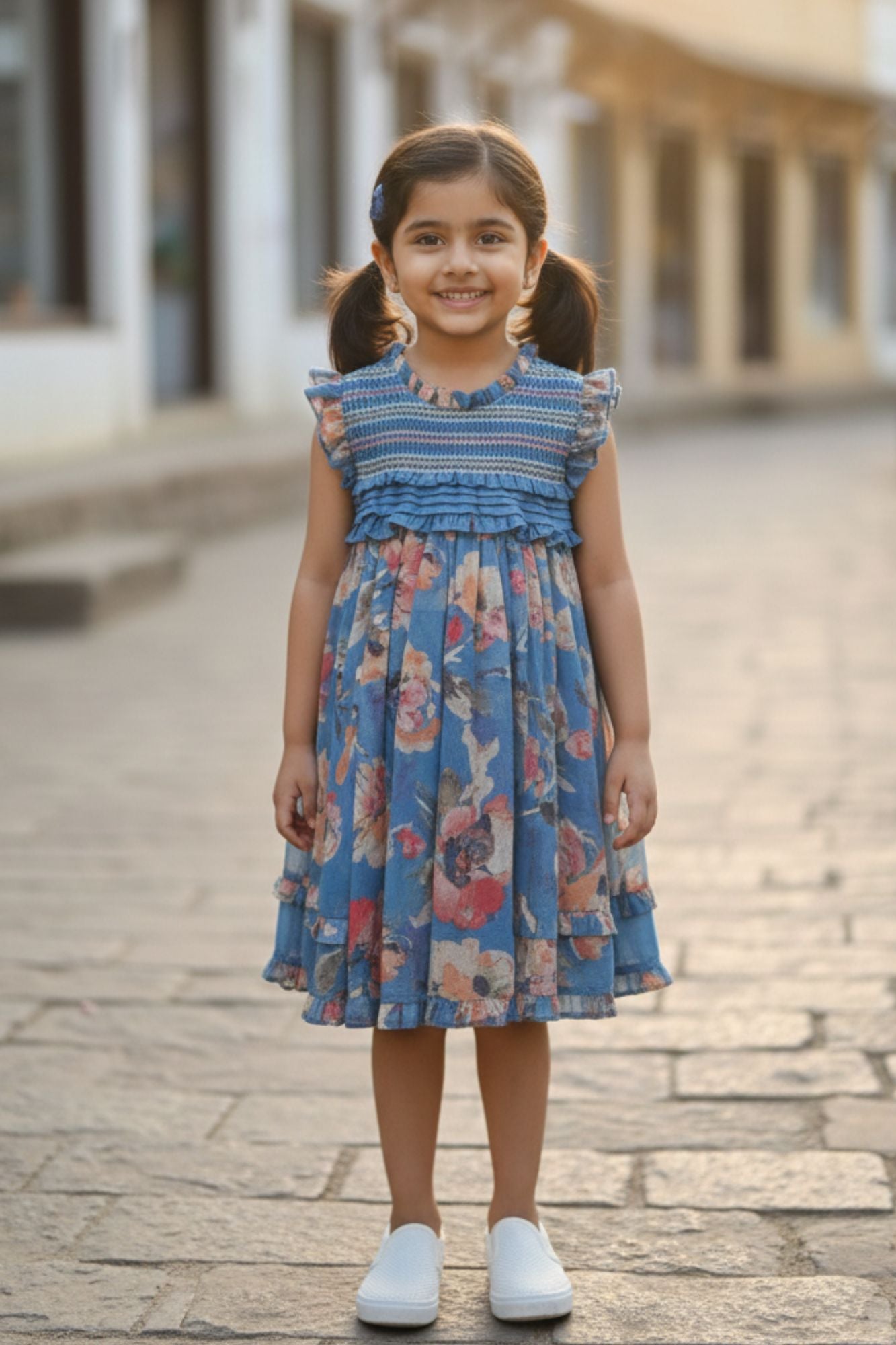 Blue Floral Printed Cotton Frock with Ruffle Yoke For Girls