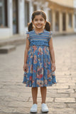 Blue Floral Printed Cotton Frock with Ruffle Yoke For Girls