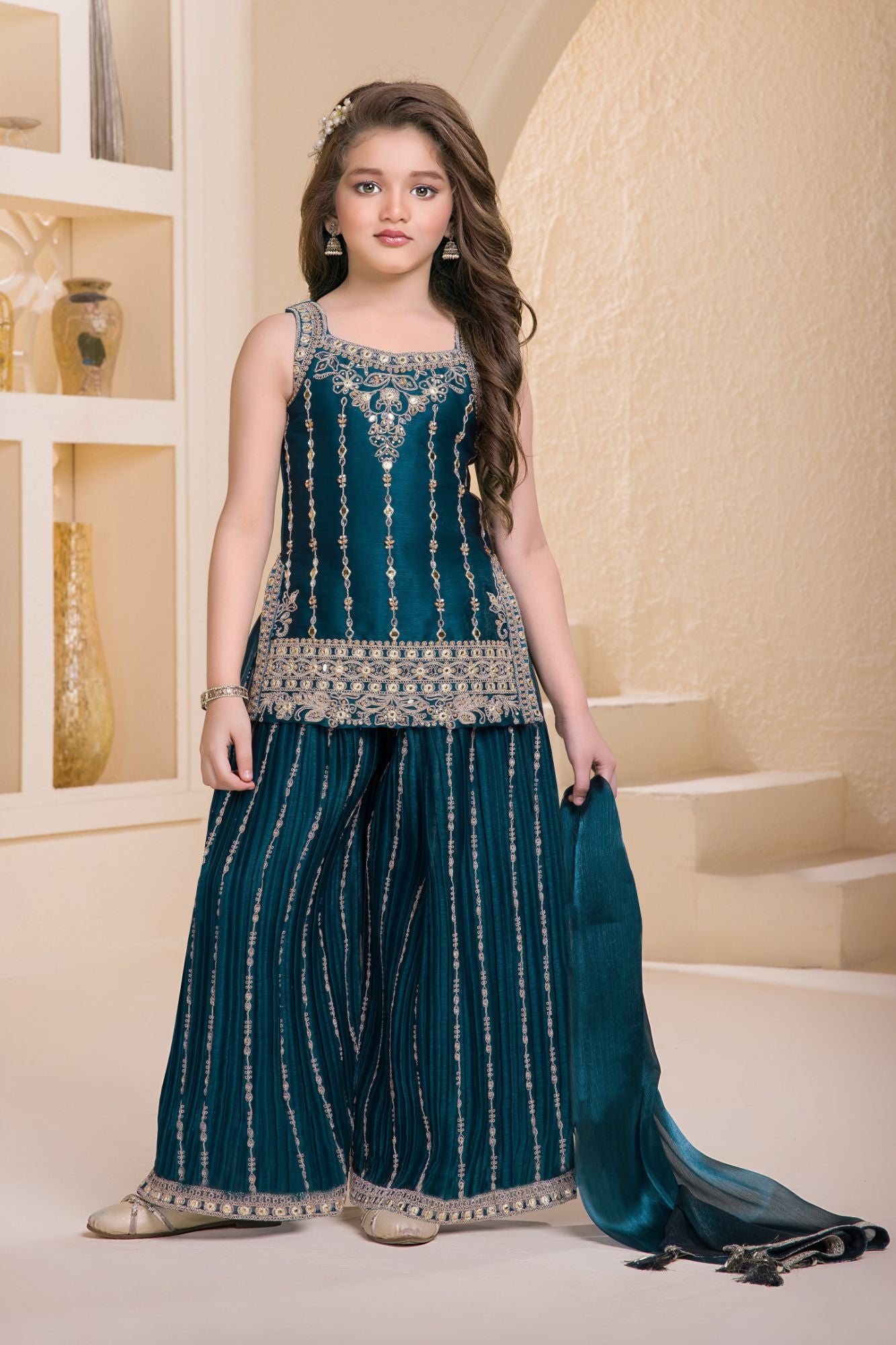 Peacock Blue Designer Embroidered Palazzo Set For Girls