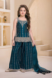 Peacock Blue Designer Embroidered Palazzo Set For Girls