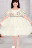 Elegant Cream Party Frock With Puffy Sleeves And Sequins Work For Girls