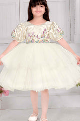 Elegant Cream Party Frock With Puffy Sleeves And Sequins Work For Girls
