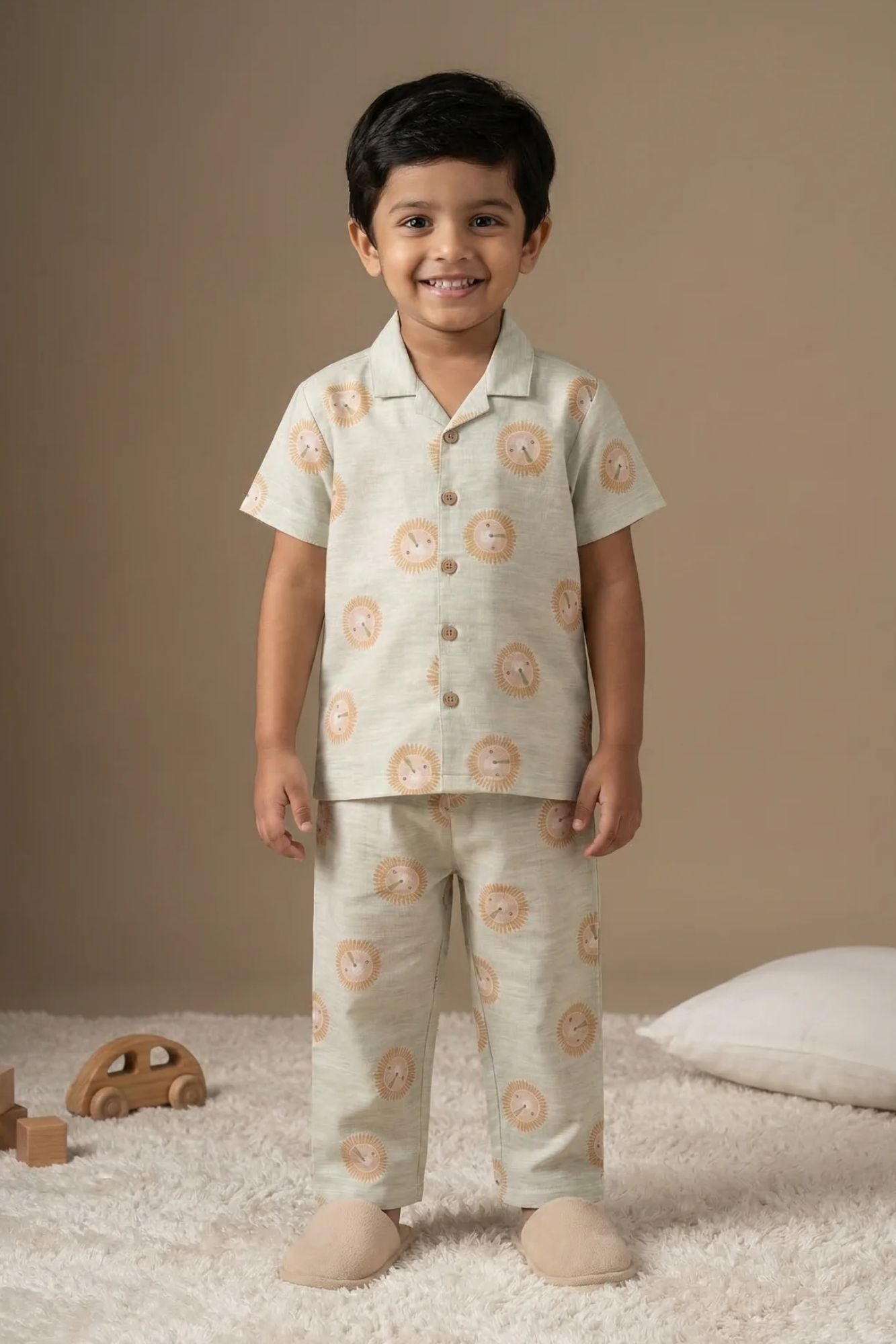 Beige Lion Print Cotton Night Suit Set For Boys