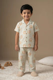 Beige Lion Print Cotton Night Suit Set For Boys