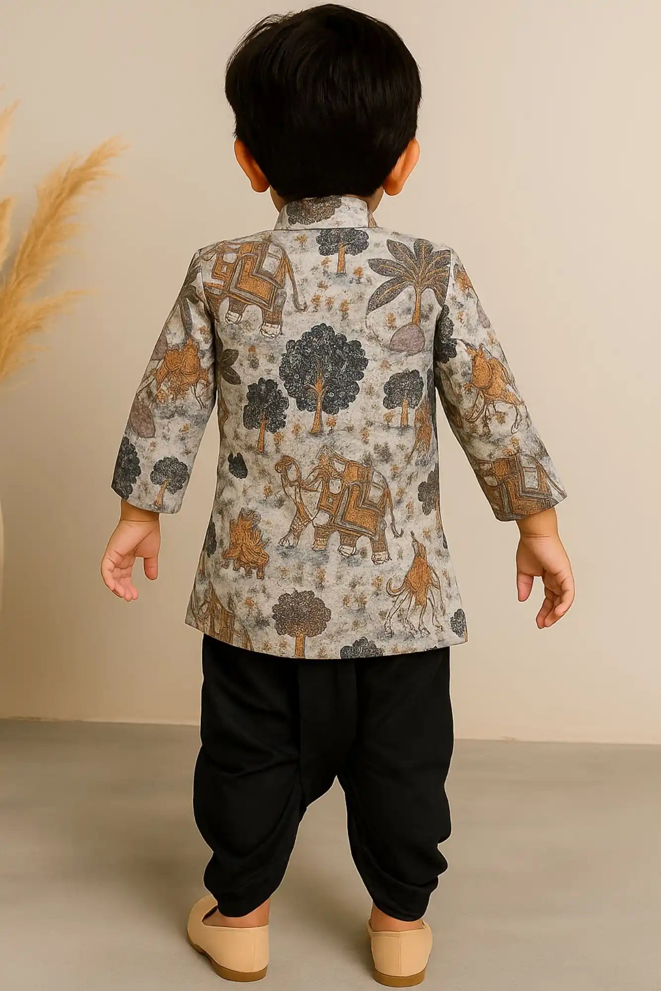 Casual Printed Sequins Embroidered Kurta with Black Dhoti Set For Boys