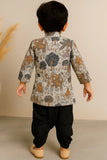 Casual Printed Sequins Embroidered Kurta with Black Dhoti Set For Boys