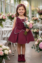 Girls Red 3D Rosette Party Wear Frock With Sequin Embellishment