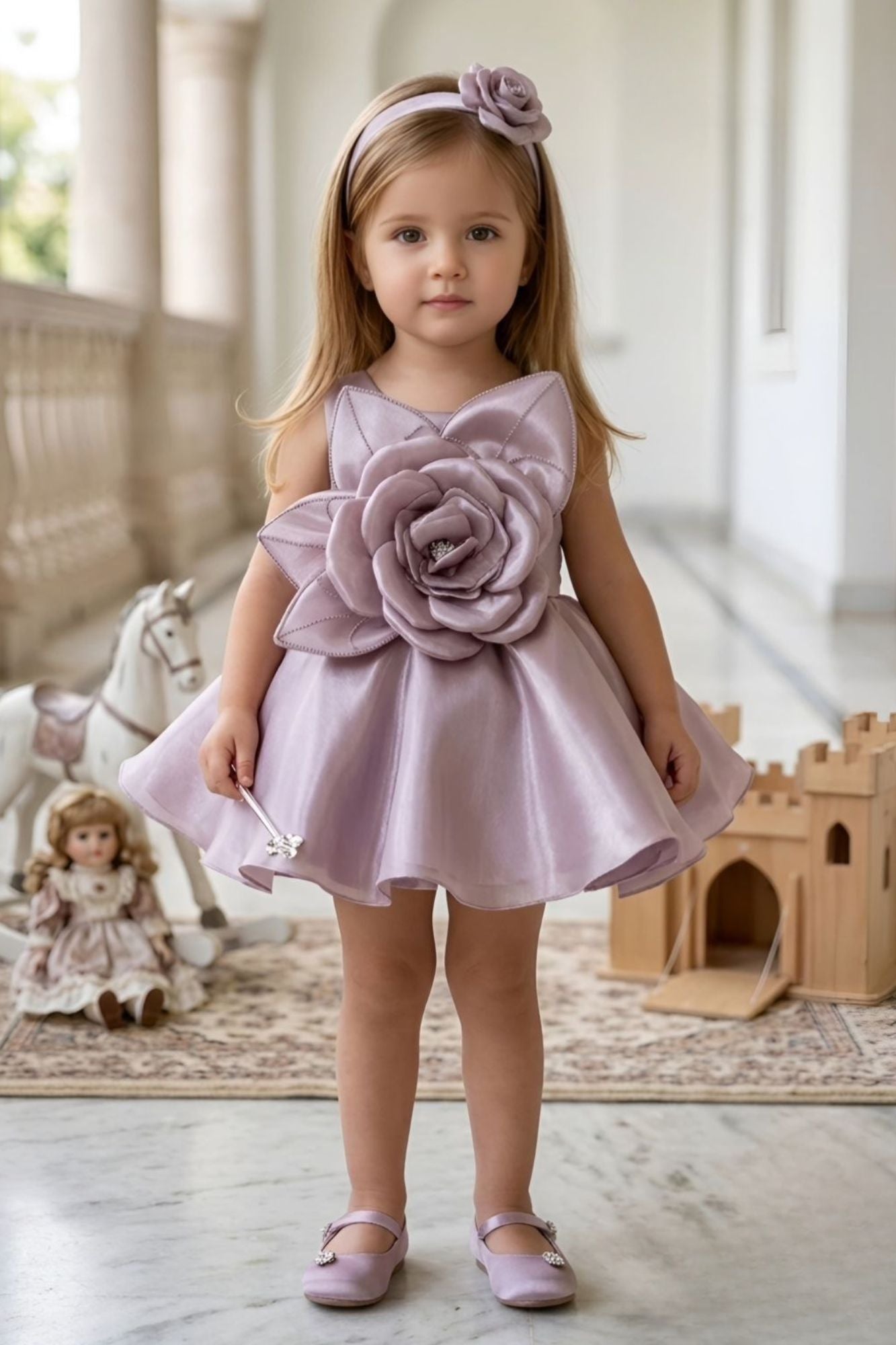 Onion Pink 3D Floral Party Wear Frock for Girls
