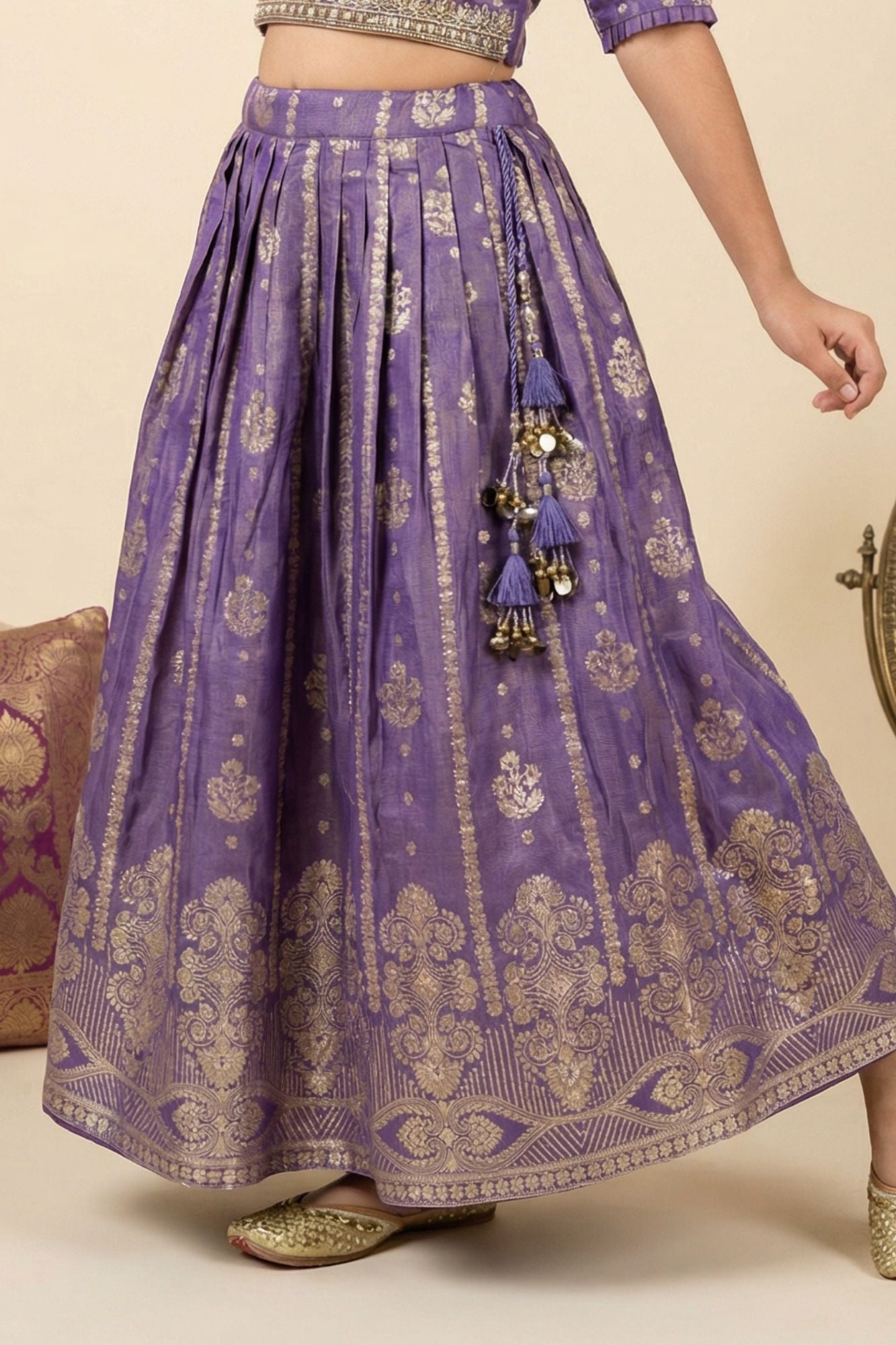 Royal Purple Zari Woven Lehenga Choli Set For Girls