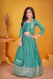 Teal Green Embroidered Lehenga Choli With Jacket For Girls