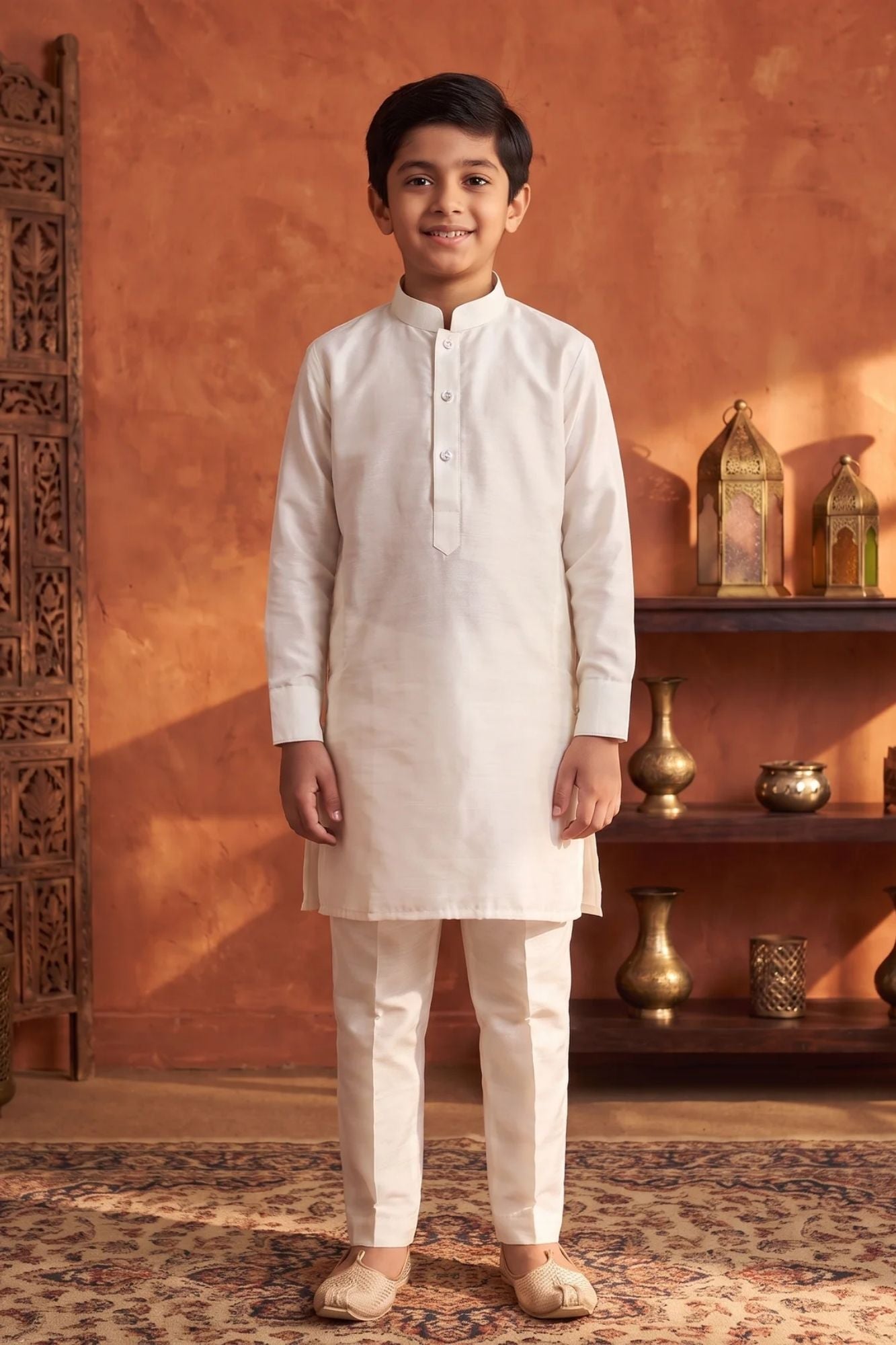 Boys Ivory Gold Embroidered Kurta Set with Nehru Jacket