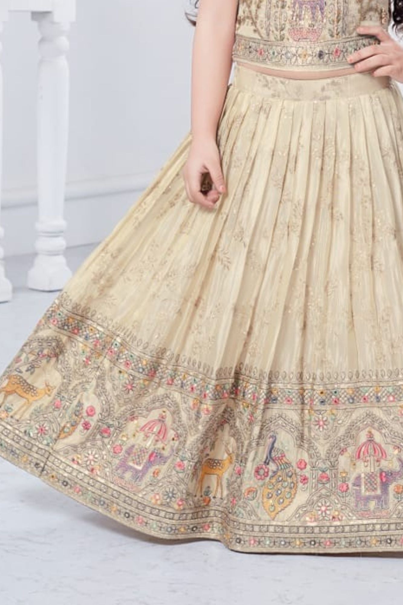 Cream Elephant Motif Lehenga Choli with Regal Zari Embroidery For Girls