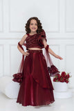 Maroon Organza Lehenga Choli And Dupatta For Girls