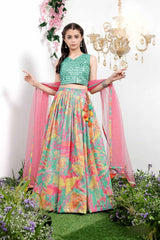 Multicolor Sequin And Printed Lehenga Choli With Dupatta For Girls