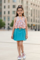Stylish Turquoise Blue Printed Top And Skirt Set For Girls