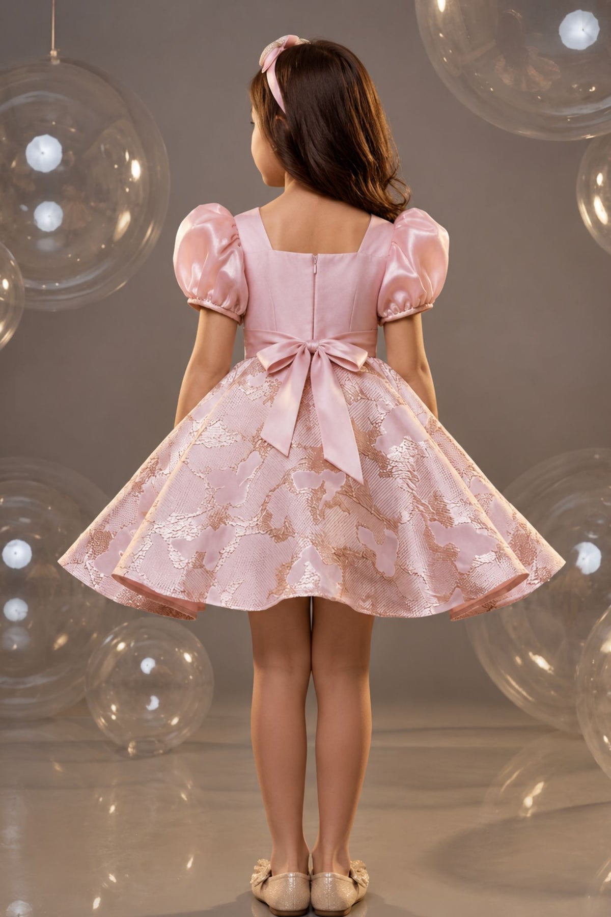 Girls Blush Pink Organza Brocade Party Wear Frock with Bow Detailing