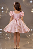 Girls Blush Pink Organza Brocade Party Wear Frock with Bow Detailing