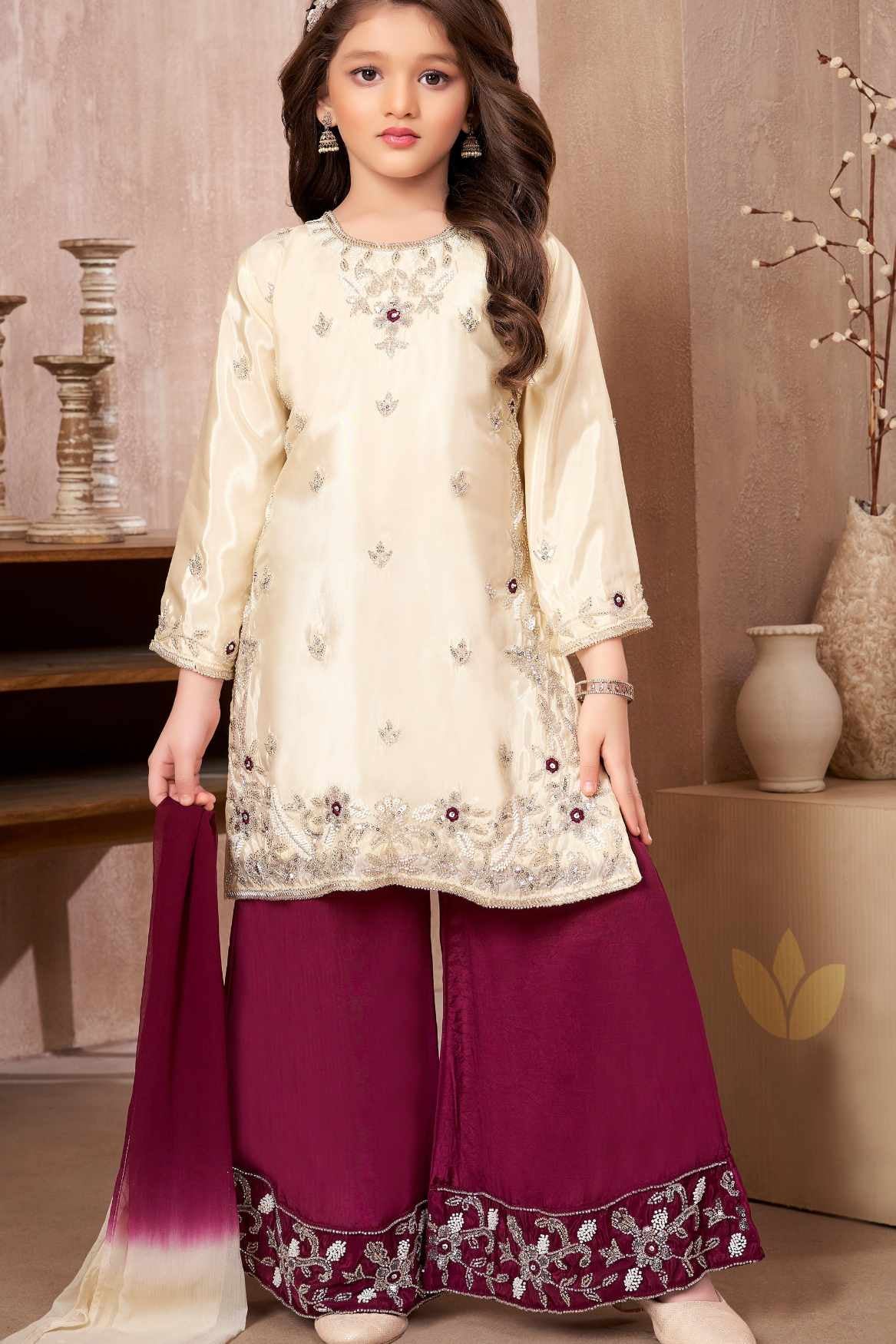 Cream Embroidered Kurti Wine Palazzo Set with Dupatta for Girls