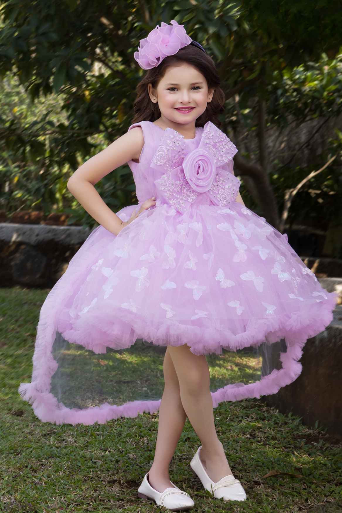 Lavender Butterfly And Floral Embellished Party Wear Tailback Frock for Girls