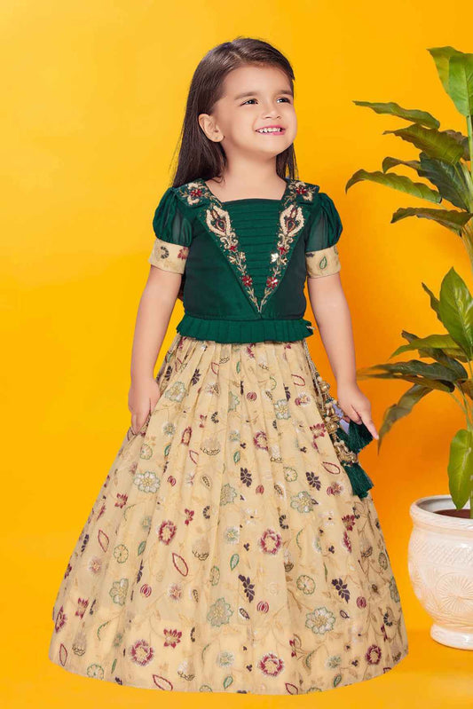 Green And Cream Silk Pattu Pavadai With Gold Foil Print For Girls