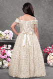 Girls White Off-Shoulder Sequined Party Wear Gown with Fringe And Textured Flared Skirt