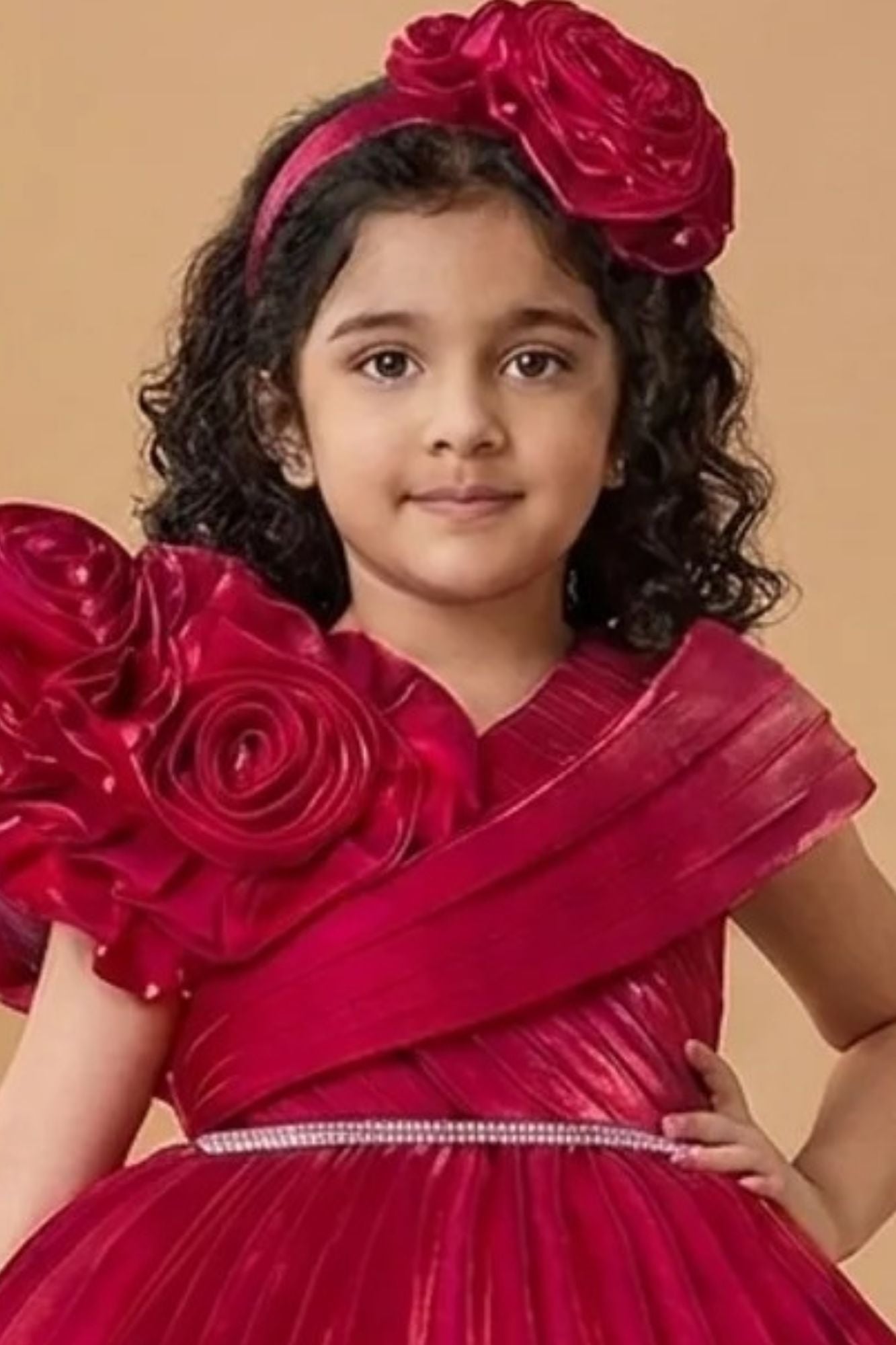 Red Floral Appliqué Pleated Party Wear Frock for Girls