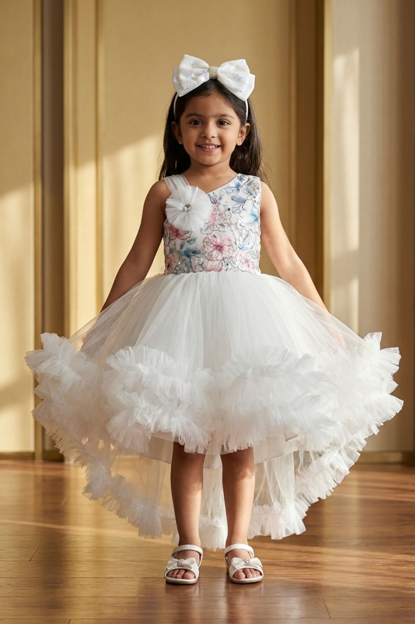 White Party Frock with Floral Bodice and Ruffled Hemline And Tailback For Girls