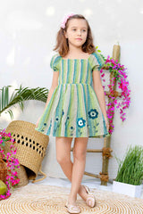 Green Smocked Frock With Floral Embroidered For Girls