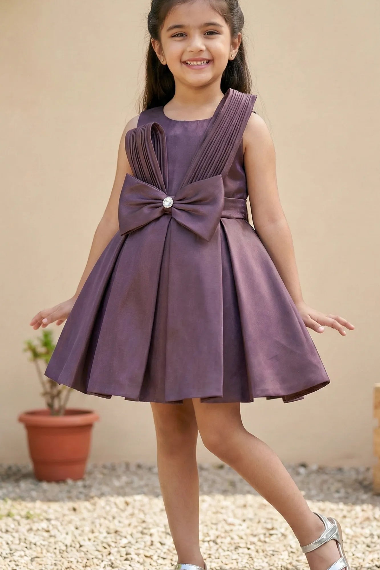 Organza Wine Frock With Bow Embellished For Girls