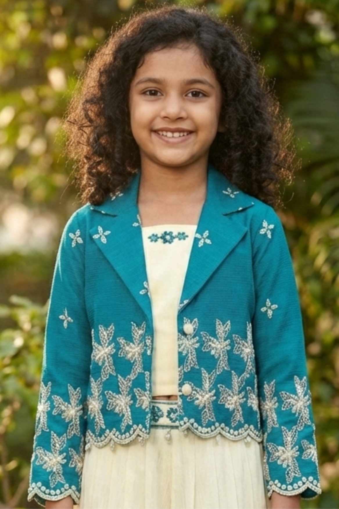Teal Blue and Cream Embroidered Wide Legged Pant Set With Jacket For Girls