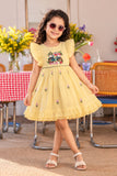 Girls Pastel Yellow Bicycle Embroidered Flared Dress