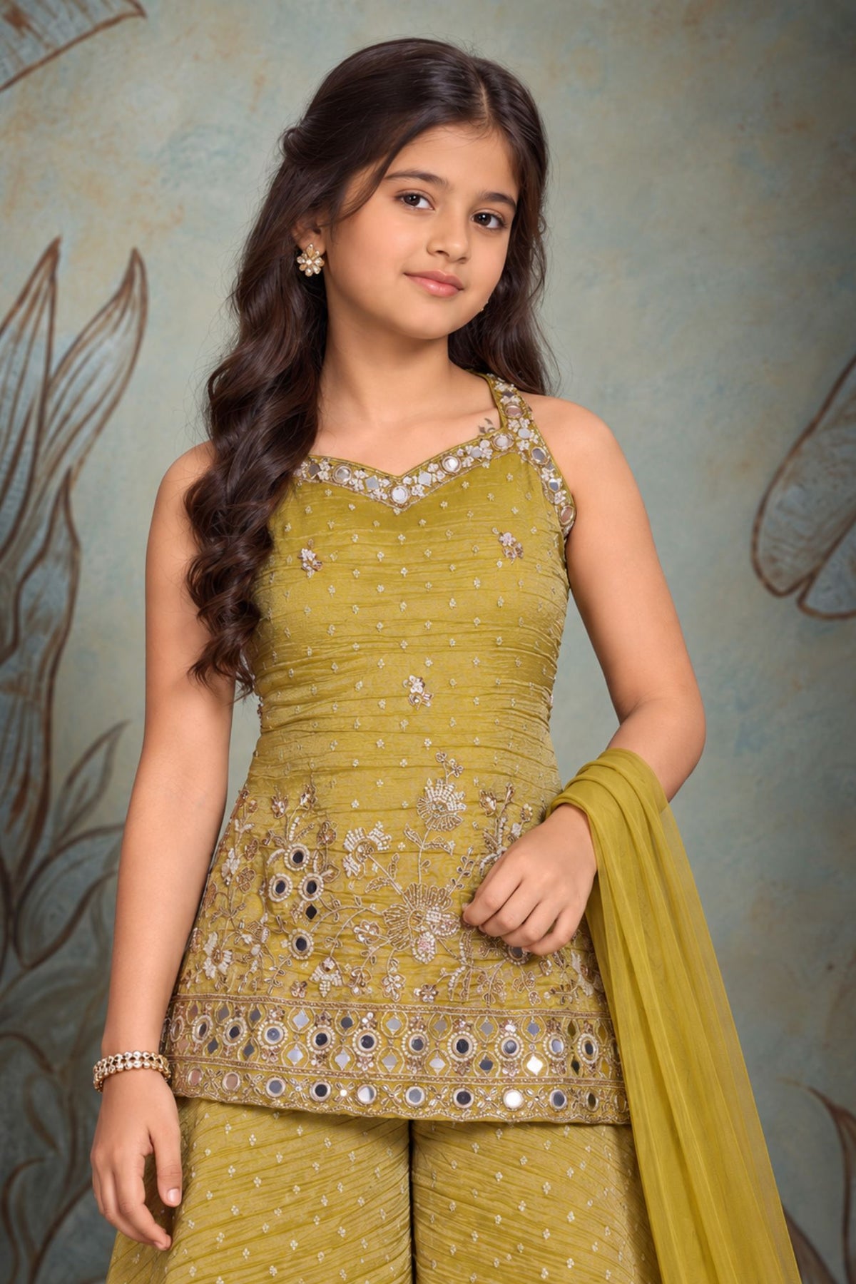 Girls Antique Gold Mirror Embroidered Sleeveless Palazzo Set With Dupatta