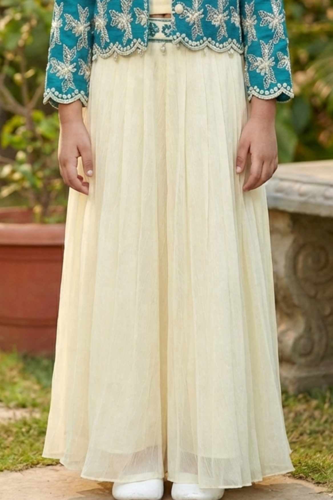 Teal Blue and Cream Embroidered Wide Legged Pant Set With Jacket For Girls