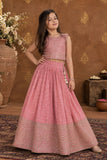 Pink Sequins Embroidered Lehenga Choli Set For Girls