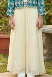 Teal Blue and Cream Embroidered Wide Legged Pant Set With Jacket For Girls