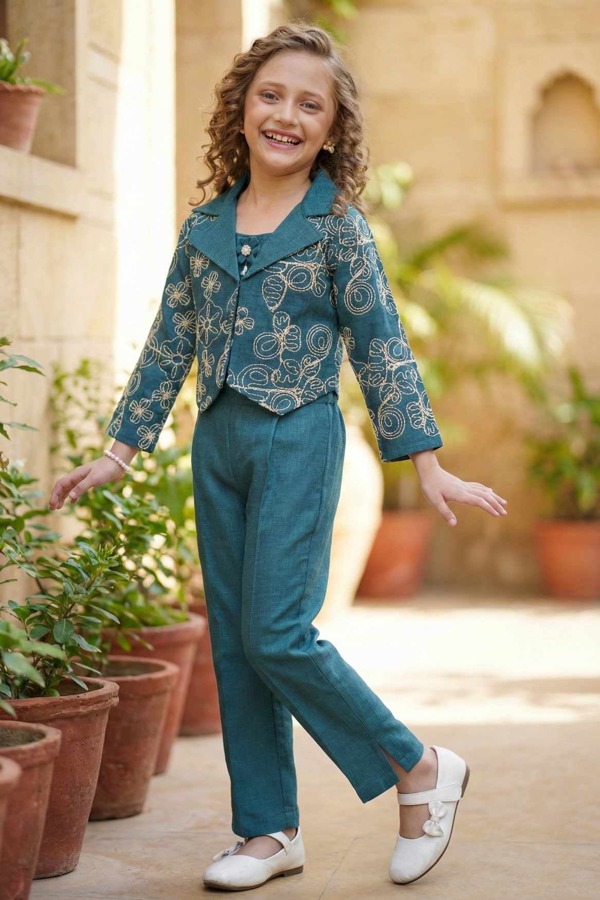 Teal Embroidered Co-ord Set with Cropped Jacket For Girls