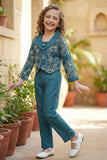 Teal Embroidered Co-ord Set with Cropped Jacket For Girls