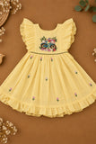 Girls Pastel Yellow Bicycle Embroidered Flared Dress