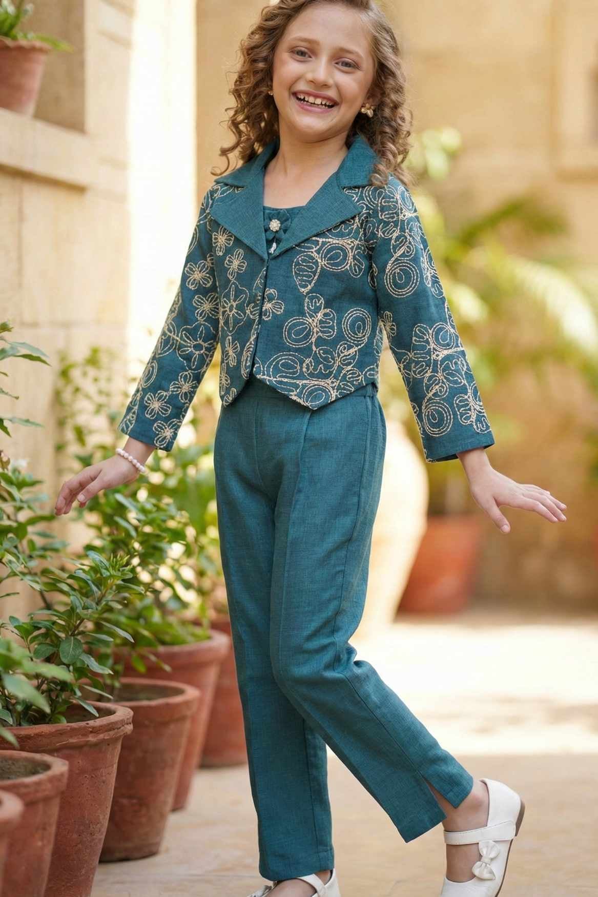 Teal Embroidered Co-ord Set with Cropped Jacket For Girls