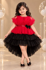 Red And Black Layered Tailback Party Dress For Girls