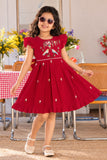 Girls Red Birds And Floral  Embroidered Flared Dress