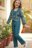 Teal Embroidered Co-ord Set with Cropped Jacket For Girls