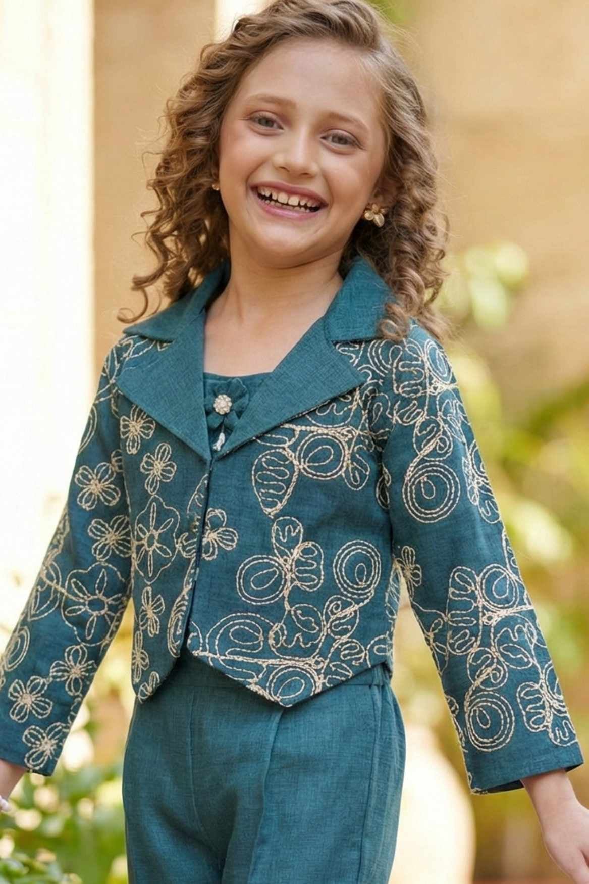 Teal Embroidered Co-ord Set with Cropped Jacket For Girls