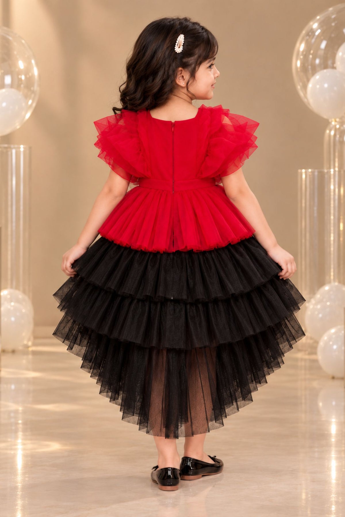 Red And Black Layered Tailback Party Dress For Girls