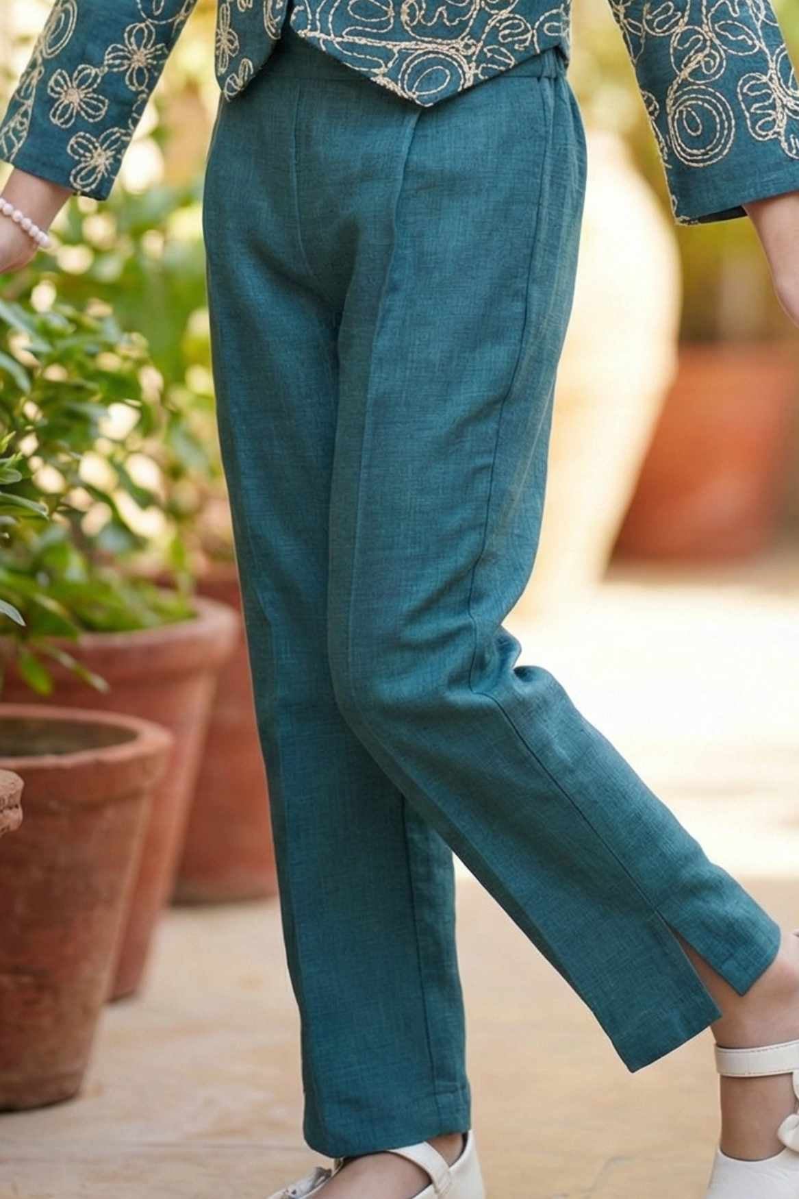 Teal Embroidered Co-ord Set with Cropped Jacket For Girls