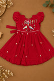 Girls Red Birds And Floral  Embroidered Flared Dress