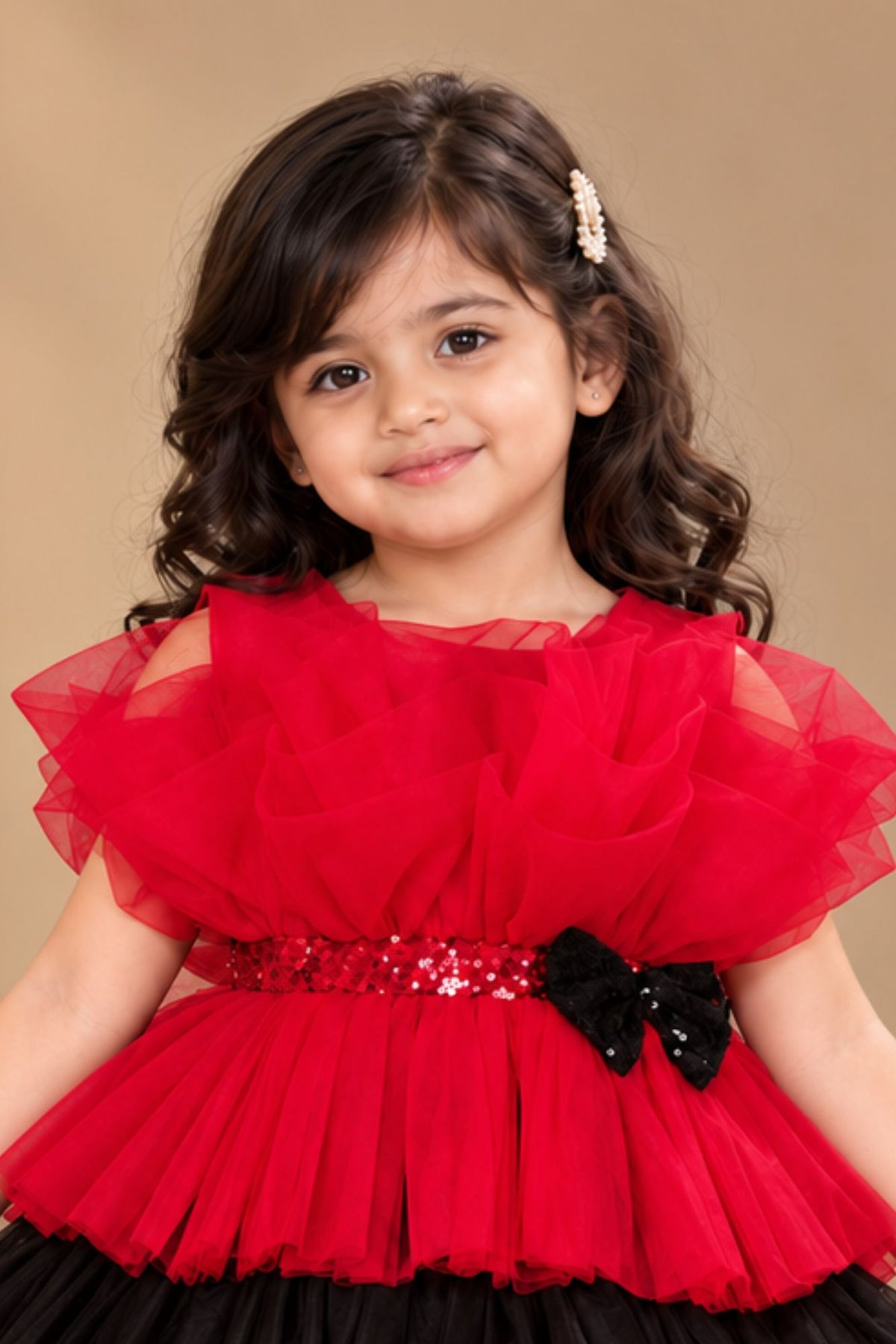 Red And Black Layered Tailback Party Dress For Girls